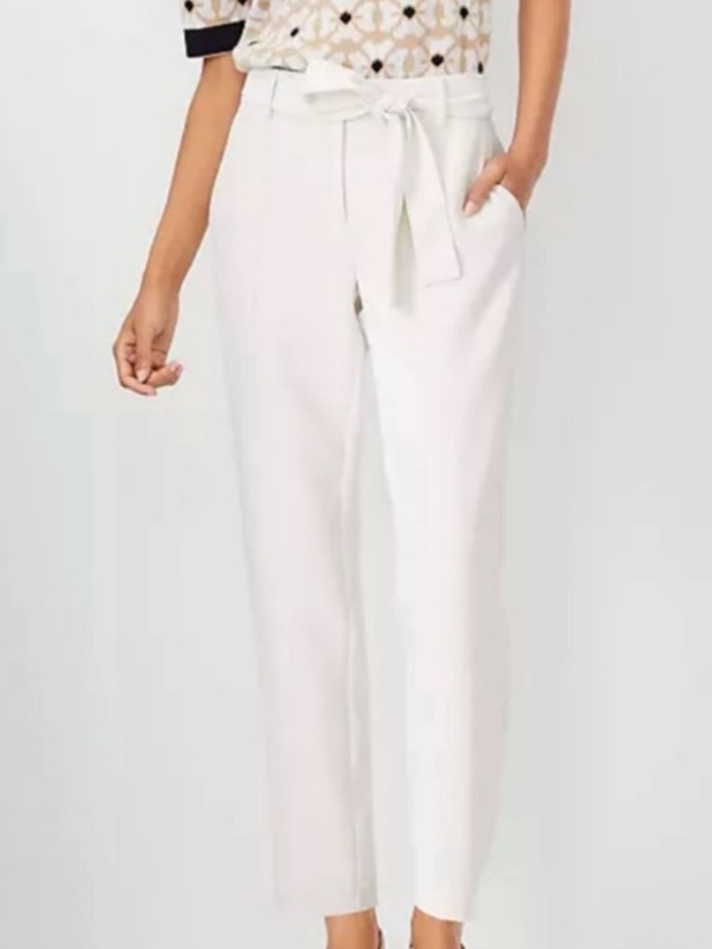 High-Rise Tie-Waist Ivory Women's Tailored Ankle Pants